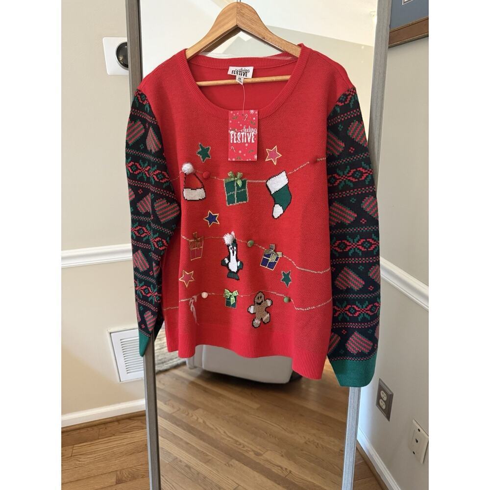 Feeling Festive Ugly Christmas Sweater Holiday Party Red Stockings‎ Hats XXL